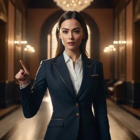 a beautiful woman in a suit pointing left, elegant pose, cinematic lighting, atmospheric environment, highly detailed, photorealistic, 8k, award winning, intricate details, perfect symmetry, striking colors, dramatic shadows, cinematic composition, elegant...