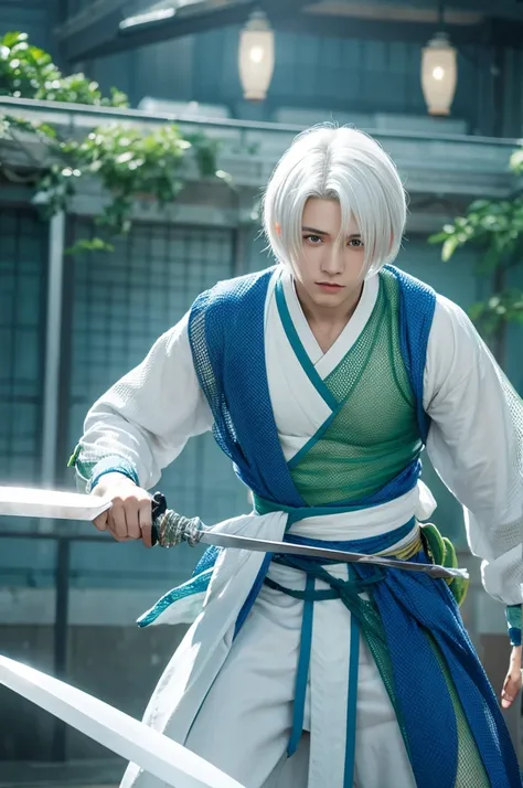 White hair Blue and green mesh Swordsman Young man