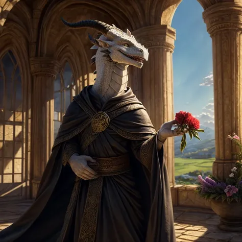 Masterpiece, best quality, high quality, femboy sorcerer dragon, solo, white scales, confident open smile,  black curved horn on his head, wears black cloak, holding a flower, (Realistic), (Sharp), (best quality), ultra-detailed, extremely intricate, cinem...