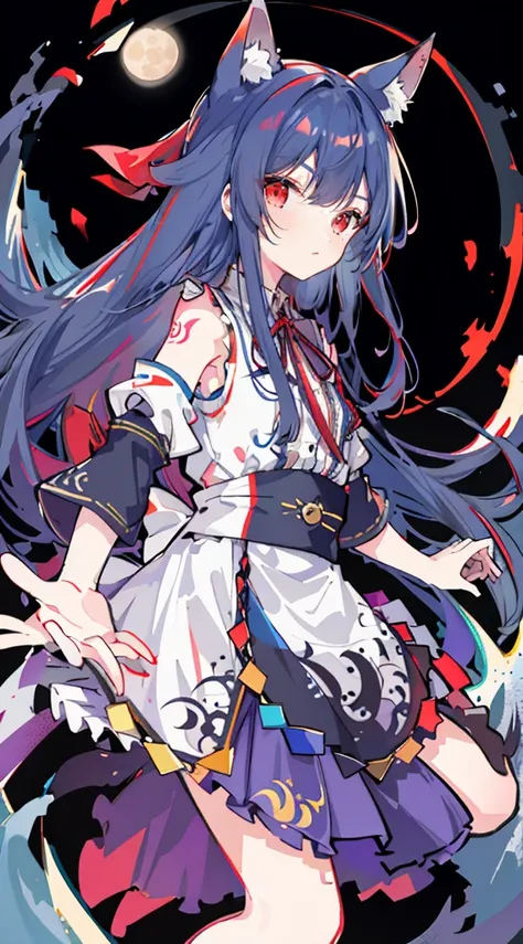 1girll， themoon， The bird， star_（Skysky）， long_hair， starry_sky， （（Blue_hair）））， critters， Wide_sleeves， natta， florals， night_sky， embrace， very_long_hair， full_moon， looking_at_viewer， ribbon_trim， Ribbon trimmed_sleeves， long_sleeves， a skirt， red_eyes，...