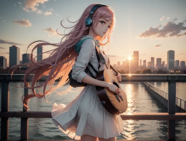 A high school anime girl with flowing  and headphones stands on a bustling city bridge with a vivid sunset in the background. She carries an acoustic guitar on her back and walks nonchalantly. The warm light of the sunset casts a soft light on her face, ac...