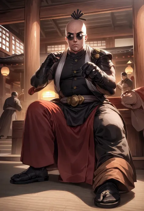 japanese monk、small、round sunglasses、hero of justice、one punch man、japanese temples、strongest