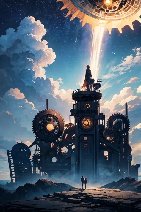 vertical view, Night view, People observing the distant city, Standing at the exit of the cliff, In the background storm clouds (Clockwork gears that reach beyond the clouds to the stars)