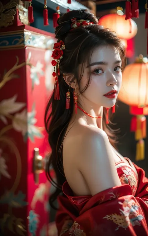 spring festival, chinese clothes, red cloth embroidery, bare shoulders, red lantern, hair accessories, (((red theme, bright them...