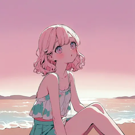 Seaside Summer Sitting Girl Nostalgic Pink Sky Pop