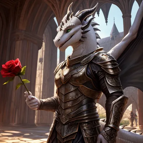 Masterpiece, best quality, high quality, femboy sorcerer dragon, solo, white scales, confident open smile,  black curved horn on his head, wears an iron armor, has dragon wings, Green eyes, holding a Rose flower, (Realistic), (Sharp), (best quality), ultra...