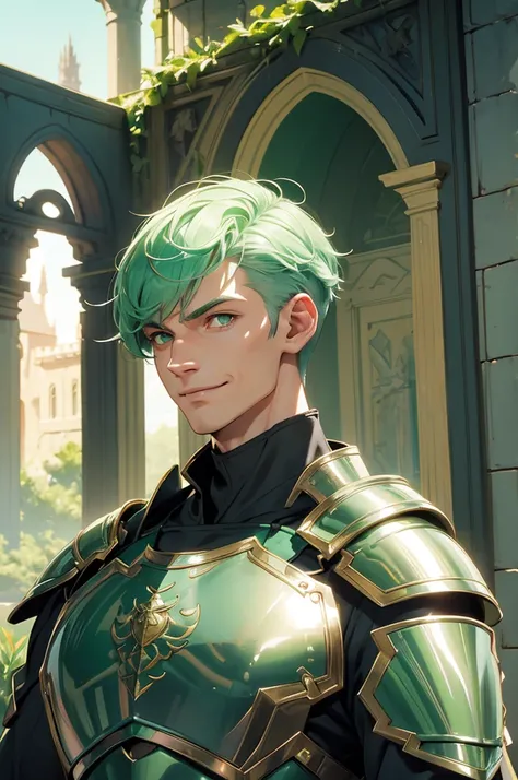 Tall man, cat ears, armor, Manor background, Buff, wide smile, light mint hair, green eyes, armor, Green hair man, buzzed cut hair, older man