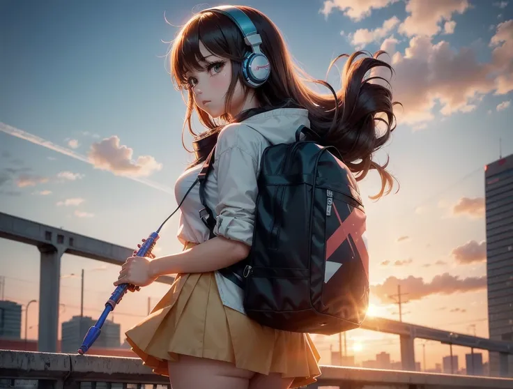 A high school anime girl wearing one headphone stands on a bustling city bridge against the backdrop of a vivid sunset. She carries the instrument on her back and walks nonchalantly. The warm light of the sunset casts a soft light on her face, accentuating...