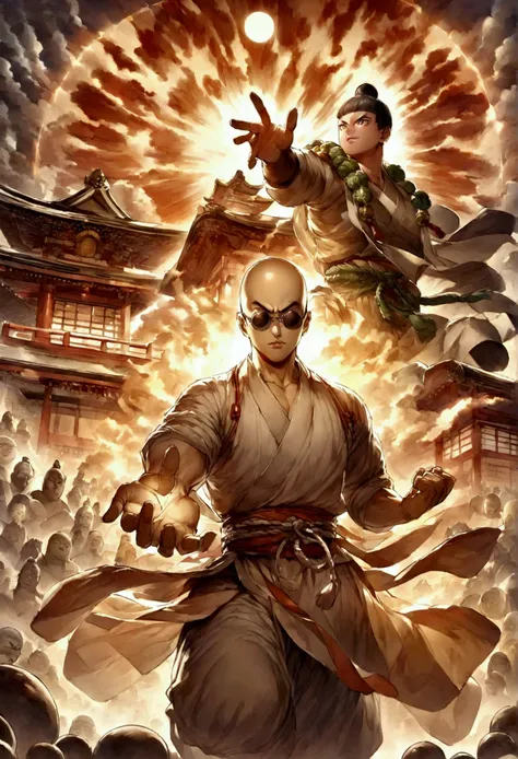 japanese monk、small、round sunglasses、hero of justice、one punch man、japanese temples、buddha&#39;s light