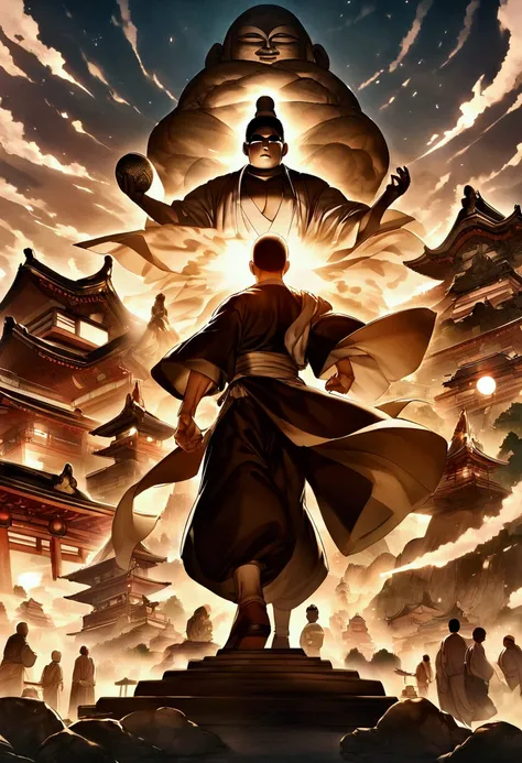 japanese monk、small、round sunglasses、hero of justice、one punch man、japanese temples、buddha&#39;s light