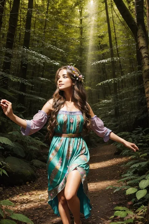 Create an image of a whimsical girl wandering through a vibrant, enchanted forest. She has long, flowing hair adorned with delicate flowers, and her bright, curious eyes sparkle with mischief. Clad in a flowing, colorful dress that blends harmoniously with...