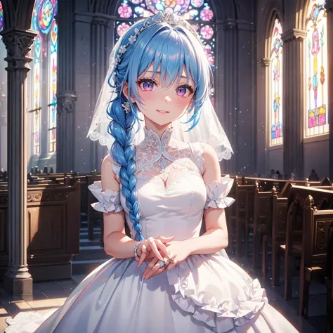 Sky blue hair, (Braided Ponytail),(Pink Eyes),Fair skin ,(whole body),(One Girl),bride,Big smile,Straight bangs, 6月のbride,Wedding dress,(masterpiece, Highest quality, Very detailed, Best Shadow), (Detailed Background), (Beautifully detailed face), High Con...