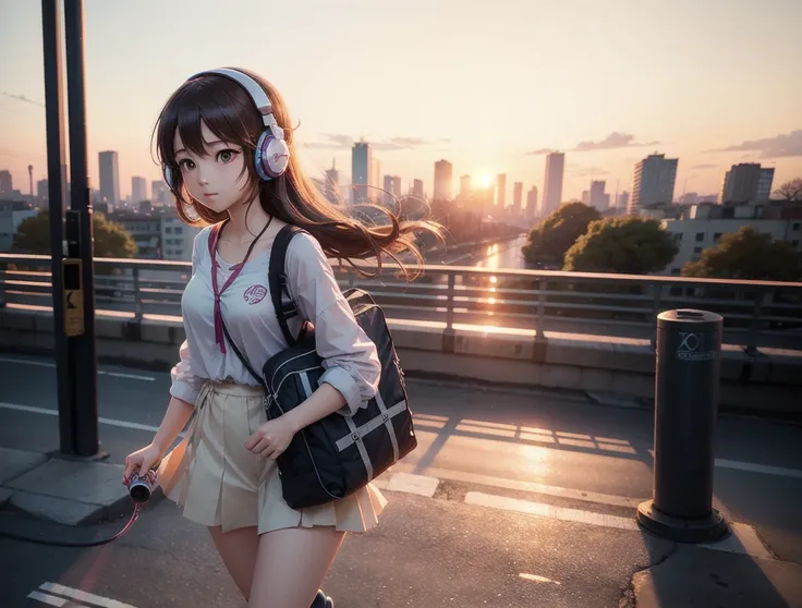 A high school anime girl wearing one headphone stands on a bustling city bridge against the backdrop of a vivid sunset. She carries the instrument on her back and walks nonchalantly. The warm light of the sunset casts a soft light on her face, accentuating...