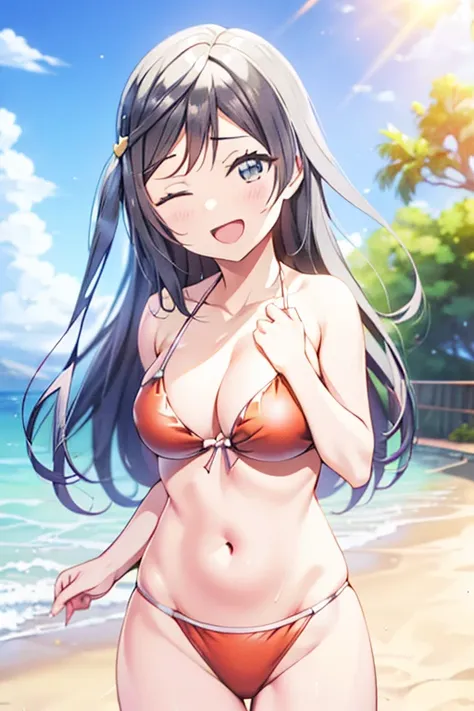 lovelive、Nijigasaki University、Yuki Setuna、Cowboy Shot、cute、Outdoor、Sandy Beach、Red Bikini、Clear skies、ultra hi resolution picture、Depth of written boundary、Detailed Background、Lens flare