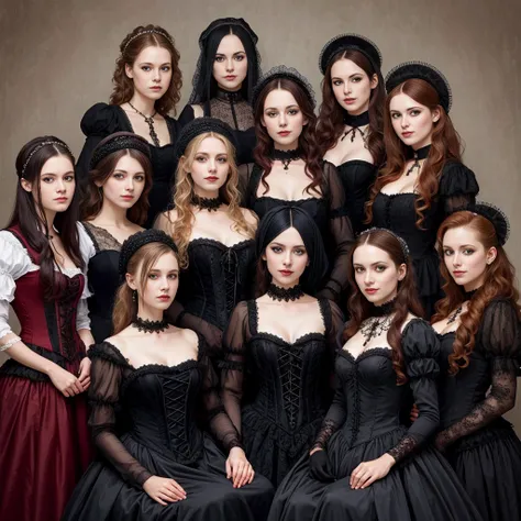 beautiful group of 18 woman dutch wearing gothic costume focus on face