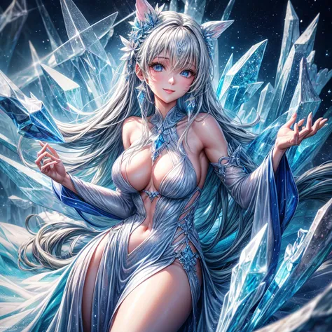 This is a highly detailed and high resolution cartoon style ice sculpture of a beautiful woman made of crystal clear ice. The woman is in a full body pose with a gentle smile on her face. The sculpture is highly detailed, with every detail of her hair, fac...