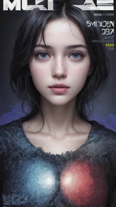 (Magazine Cover:1.3),Urzan-6500, (Realistic: 1.3) (original: 1.2), masterpiece, Highest quality, Beautiful and clean face, whole body, One girl, Glitch Art, (Digital Distortion), Pixelated Fragments, Data Corruption,Colorful Noise, Visual clutter,Modern ae...