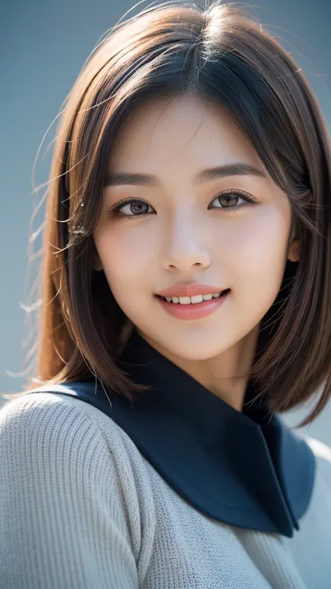 Beautiful Japanese Woman, soft skin and perfect face, A small face with a nose and rosy lips, Beautiful Eyes, Beautiful smile. black, Surrounded by a bright, ethereal glow、Thin, long, beautiful hair. A loose, medium hairstyle with gradation highlights and ...