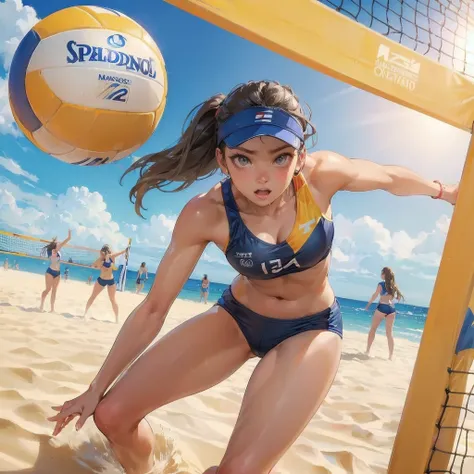  masterpiece, (textured skin), best quality, gorgeous beautiful girl, (a female beach volleyball athlete), detailed clothes,large breasts,narrow waist,, (beautiful face), cinematic lighting, (at beach volleyball venue ),