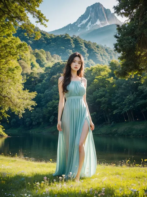 Stunning young woman standing gracefully in a breathtaking natural landscape, long straight black hair flowing elegantly, soft golden hour light, striking blue eyes, thoughtful gaze, flowing pastel blue dress billowing in the breeze, delicate and ethereal ...