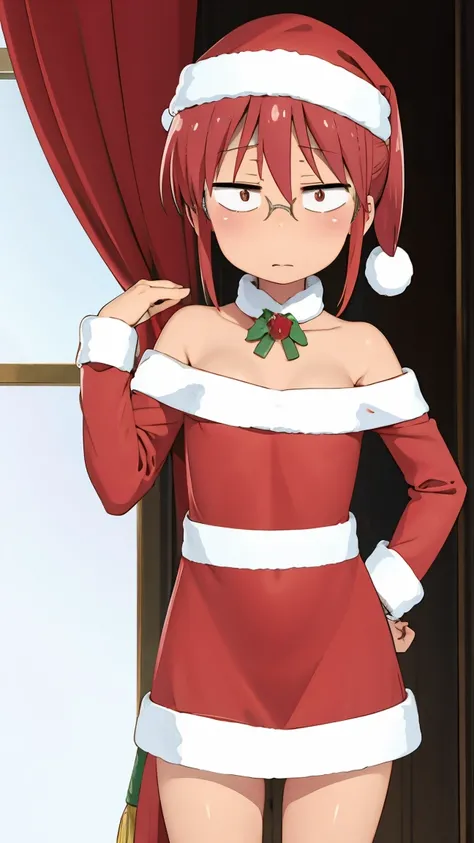 ((badhandv4)) Kobayashi, (Bust size very very small.)),  (flat chest:1.2), Posing embarrassed, Christmas sexy Outfit