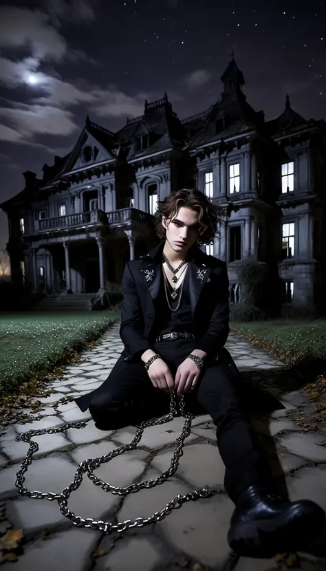 gothic medium normal wavy haired young men with aesthetic chain jewellery is laying on the floor outside at night in a abandoned...