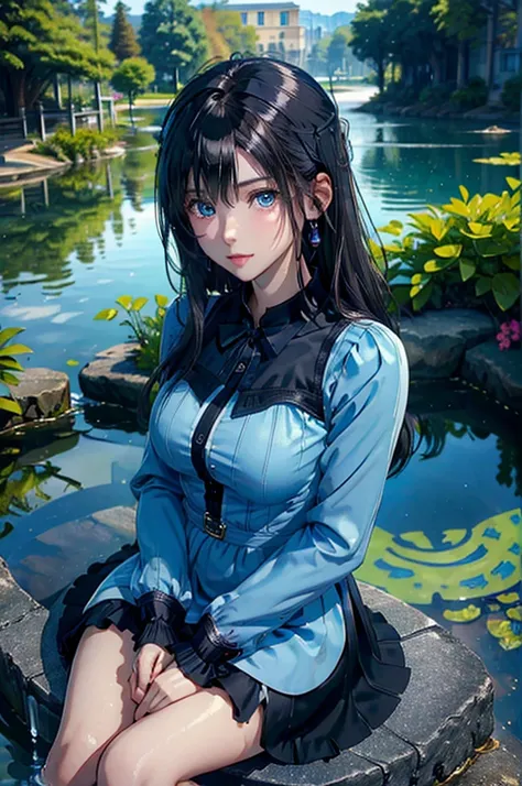 (((masterpiece)))、(((top quality)))、((ultra detailed)) Young woman,Sitting Near the Pond,beautiful shapes,beautiful view,Bright water,very attractive,Eyes bright blue,dark hair,temptation