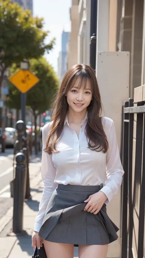 woman in a suit standing on the sidewalk,((25-year-old woman))、small breasts、dark brown hair color、hairstyle with bangs、various ...