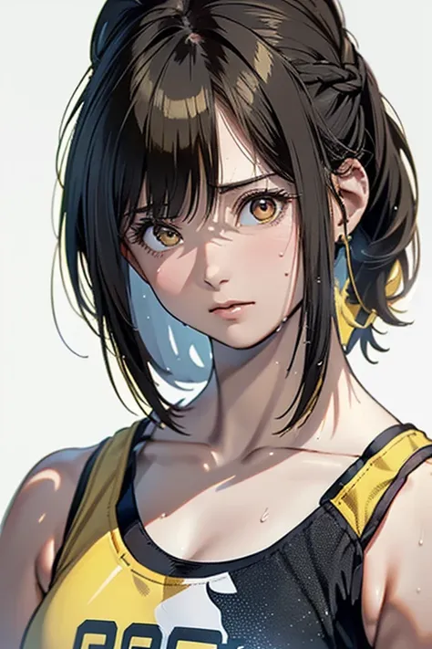 (Highest quality, 8k, Oil, Tabletop:1.2), Very detailed, (Realistic, Realistic:1.37), (((Full Body Shot)))、Bright colors, (((My face is sweaty)))、(((Yellow sports bra)))、(((English Print Sports Bra)))、(((２０Women of a certain age)))、(((Yellow sports bra)))、...