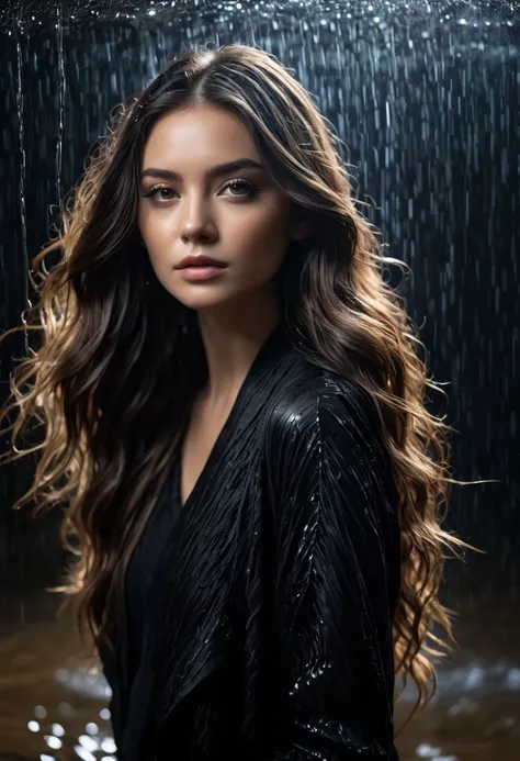 a beautiful young woman in black with long hair, in the style of textural layers, reefwave, light brown and light black, wet-on-wet blending, wavy, pop inspo, captivating gaze, dramatic cinematic lighting, photo realistic, cinematic, movie still, captured ...