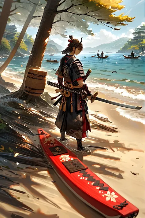 Boat oars on the shore（paddle）A samurai holding a wooden sword carved from a tree。The wooden sword is rough but practical.、It gives the impression of being used as an improvised weapon.。」