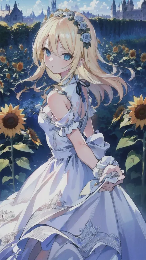 insanely detailed, absurdres, ultra-highres, ultra-detailed, best quality,
1girl, solo,  qhly, blonde hair, blue eyes, garden, roses, sunflowers, no breasts, no emotions, hands on the back, white and blue dress, 
