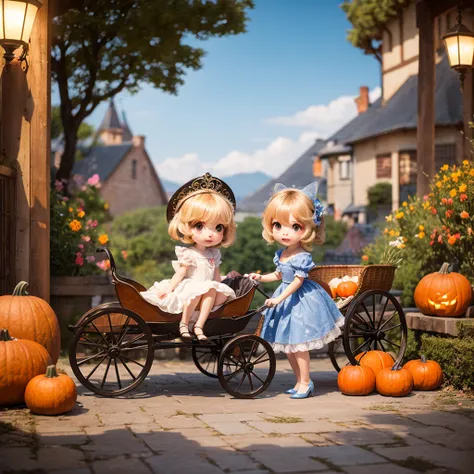 ​masterpiece、top-quality、ultra-detailliert、(Chibi Charas Daughter:1.2)、Antique miscellaneous goods with a horse pulling a pumpkin-shaped carriage、Chibi Cinderella Princess