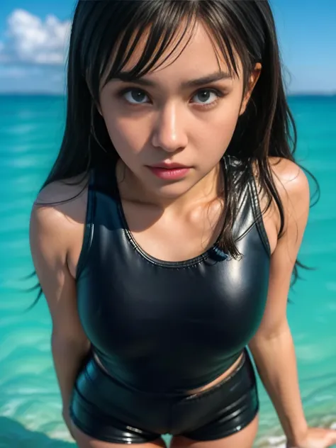 1girl, solo, standing, at the beach,  beautifully ocean scenery, detailed face, detailed cute angry face, detailed eyes, medium thick breasts, smooth realistic skin, black tight latex tanktop, black latex short pants, looking at the audience, Overhead view...