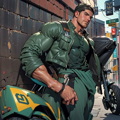 32k, high quality , detailed face , detailed hands , detailed muscles detailed motorcycle , (((stephen amell hunk and handsome , mature macho man ))) standing near his (((motorcycle 1.2))), posing in a street ,standing with spread legs, showing his muscles...