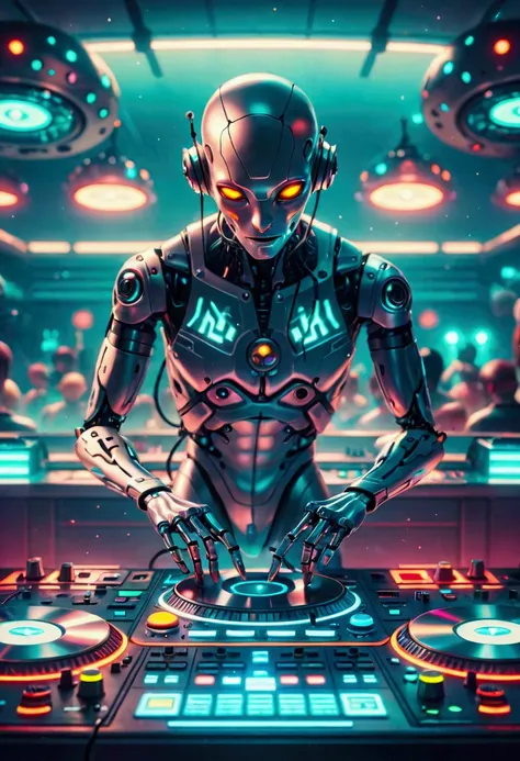 a scene depicting an unknown alien-blooded alien robot dj spinning records in a typical cosmic nightclub. this alien robot dj fe...