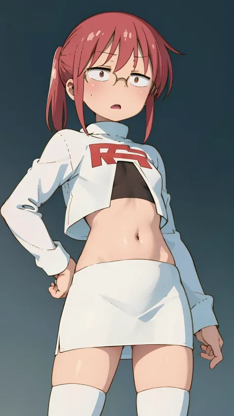 ((badhandv4)) Kobayashi, (Bust size very very small.)),  (flat chest:1.2), Posing embarrassed, team rocket uniform, white jacket, white skirt, thighhigh boots, midriff