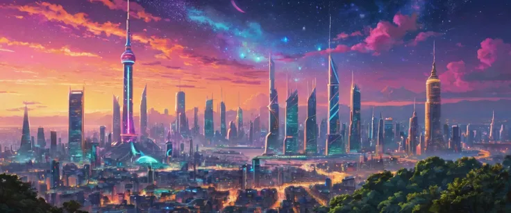 ((Masterpieces with up to 16K resolution):1.6), ((Intricate details):1.4), ((Very crazy details):1.4),((Highest quality):1.3),((Soft-colored 4K high-definition digital art):1.3). | (((Futuristic City):1.5))), ((Neon light glow):1.4), ((Future cityscape):1....