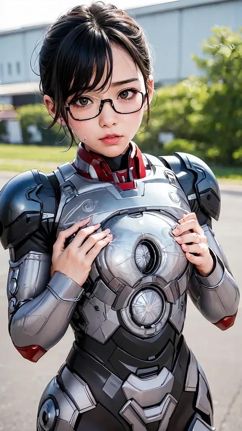 Highest quality　8k Iron Man Suit Girl　Kindergarten girl　Sweaty face　cute　short hair　boyish　Steam coming out of my head　My hair is wet with sweat　The feel of black hair　Full body portrait　My upper body is soaked　Glasses