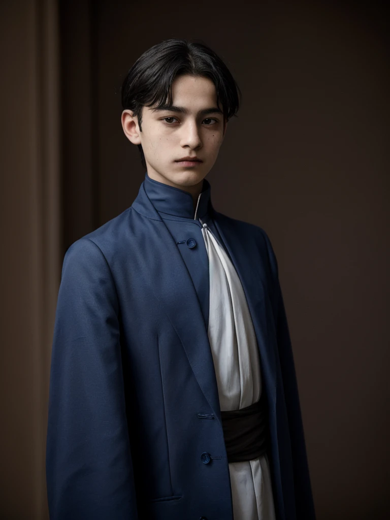 undefined, Young guy, 13years old, Blue Black Hair, Italian appearance, brown skin color, Dark-colored clothing of an aristocratic priest, dark blue eye color, straight nose, high, Beautiful.