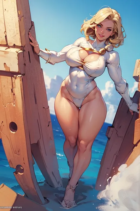 Power_girl, blonde, (((white bikini))), (full figure), standing on a deserted tropical beach, smiling, fun, playful, ((glamour)), dramatic lighting, ((depth of field)), ((masterpiece)), ((best quality)), ((highly detailed)), Power Star