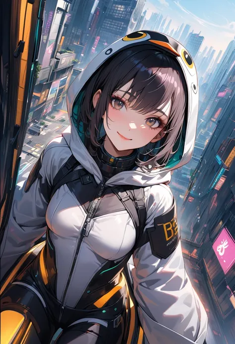 (Masterpiece, BestQuality), (hyperrealistic),cyberpunk,((girl is flying in the sky on a mechanical glider)),detailed glider, BREAK (15yo,short hight,black short hair,middle small breasts,Black penguin hood, white penguin robe, webbed boots),BREAK smile,dyn...