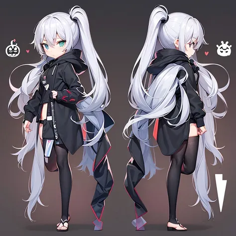 chib.Girl in black mask and hoodie.
standing girl.three view drawing, front and back and side.
character sheet.full body.simple background