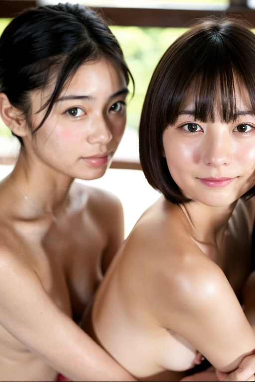 Three beautiful and cute Japanese schoolgirls caress one middle-aged man while naked