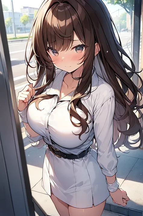 (Masterpiece, Top quality: 1.5), (large breasts:1.3), (カーディガン、ブラウス、プリッツスカート:1.4), standard weight, ( brown hair:1.4), (airy hair, wavy hair:1.3), long hair ,asymmetry bangs, swept bangs, junior high school student, angry, (flustered:1.3), beautiful scene o...