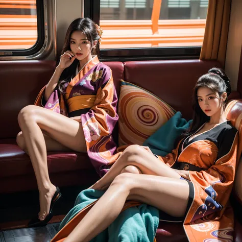 Best quality, masterpiece, ultra high res, (photorealistic:1.4), raw photo, a person is sitting on a train, her legs sticking out, in the style of futuristic psychedelia, elaborate kimono, candid shots of famous figures, swirling vortexes, dark magenta and...