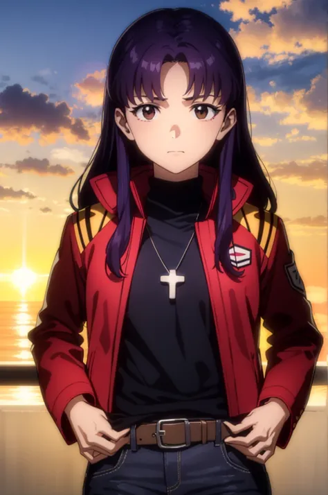 misatokatsuragi, misato katsuragi, long hair, (brown eyes:1.5), (purple hair:1.2), (parted bangs:1.5),
BREAK skirt, jewelry, jacket, belt, necklace, uniform, cross, red jacket, pencil skirt, cross necklace, red skirt, black shirt, turtleneck, cropped jacke...