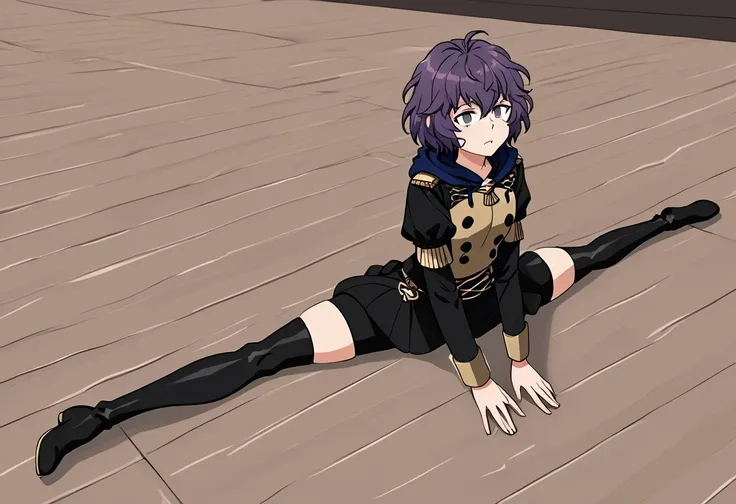 defBernie, messy hair, black uniform, hood down, long sleeves, black skirt, thigh boots, 1girl, solo,  Sitting, On the floor, Split Horizon, stretch, horizontal splits, stretch regs, hands on floor, bottomless