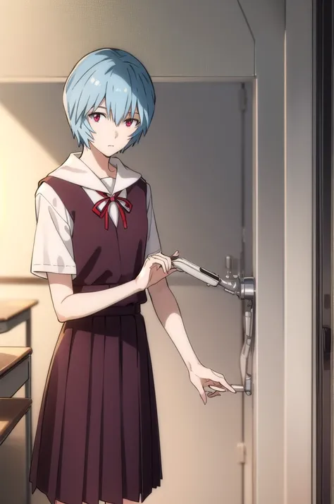 reiayanami, rei ayanami, (ayanami rei:1.2), blue hair, short hair, (red eyes:1.2),
BREAK skirt, shirt, ribbon, (school uniform:1.5), white shirt, short sleeves, red ribbon, neck ribbon, (tokyo-3 middle school uniform:1.5),
BREAK indoors, classroom,
BREAK l...