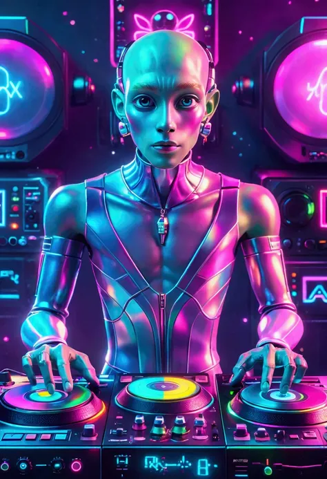 a scene depicting an unknown alien-blooded alien robot dj spinning records in a typical cosmic nightclub. this alien robot dj fe...